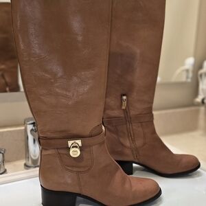 Michael Kors Tan Tall Leather Women's Boots with Rounded Toe and gold Hardware